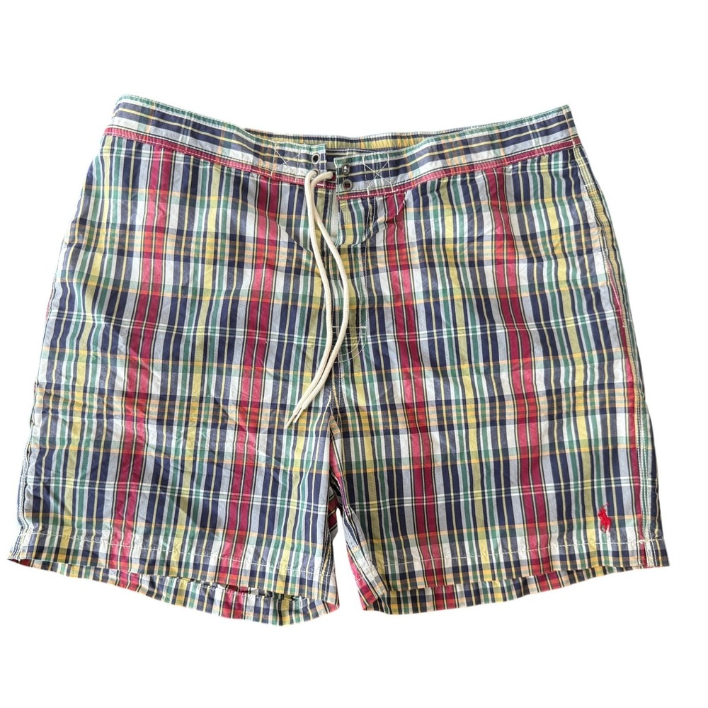 Polo Ralph Lauren Mens XL Plaid Swim Trunks Red Yellow Green Mesh Lined Shorts